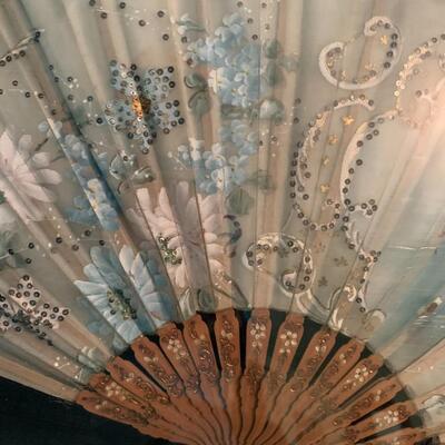 Spectacular vintage hand-painted, beaded and framed Japanese fan
