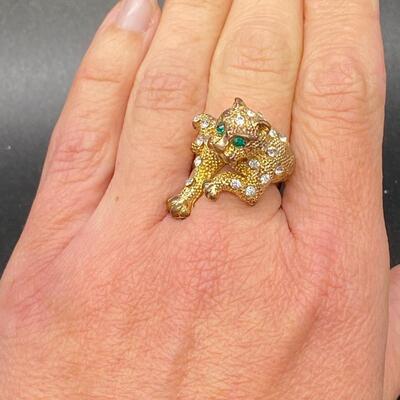 Vintage Goldtone Leopard Cheetah Cat Ring Rhinestone Sizeable