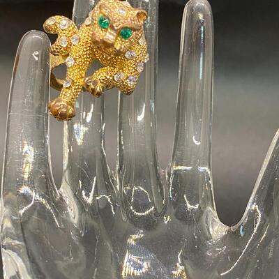 Vintage Goldtone Leopard Cheetah Cat Ring Rhinestone Sizeable
