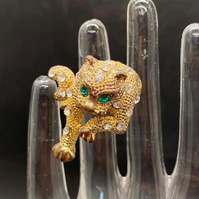 Vintage Goldtone Leopard Cheetah Cat Ring Rhinestone Sizeable