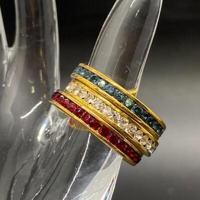 AVON Goldtone Stackable Red White & Blue Crystal Rhinestone Rings