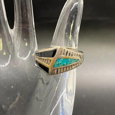 Vintage Southwestern Style Silvertone Turquoise Black Enamel Ring