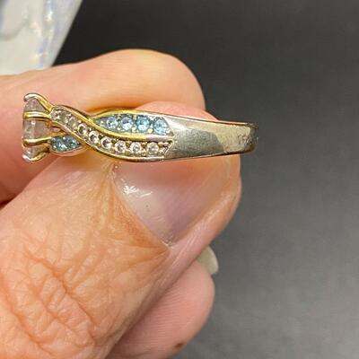 Goldtone Twisted Clear & Blue CZ Ring
