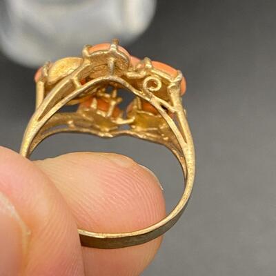Vintage Goldtone and Coral Cabochon Cluster Ring