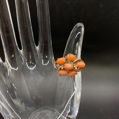 Vintage Goldtone and Coral Cabochon Cluster Ring