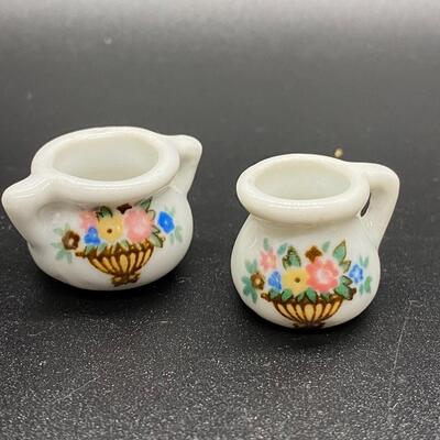 Miniature Porcelain Floral Tea Cups, Saucers, Sugar Bowl, Pitcher