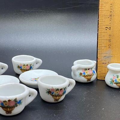 Miniature Porcelain Floral Tea Cups, Saucers, Sugar Bowl, Pitcher