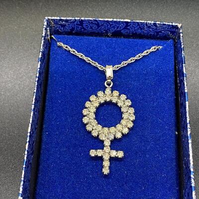 Vintage Rhinestone Venus Symbol Pendant Charm Necklace