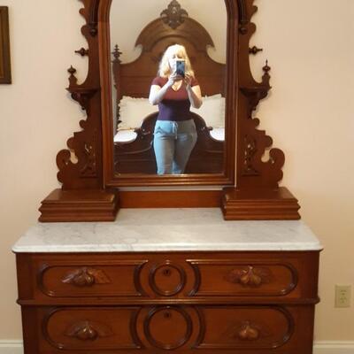 Lot 2 Magnificently Carved Antique Marble topped Dresser With Hidden Secret Drawer