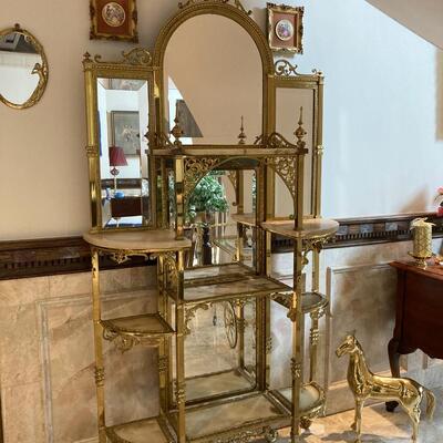 Extraordinary Brass & Marble Etagere with bevelled mirror and marble shelves.