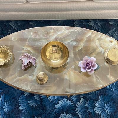 Oval Brass & Marble Coffee Table w/glass top