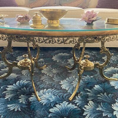 Oval Brass & Marble Coffee Table w/glass top