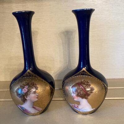 Cobalt Blue Bud vases with hand painted profile of lovely women