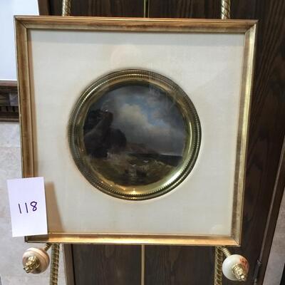 1890's Framed HAND PAINTED BRASS Plate