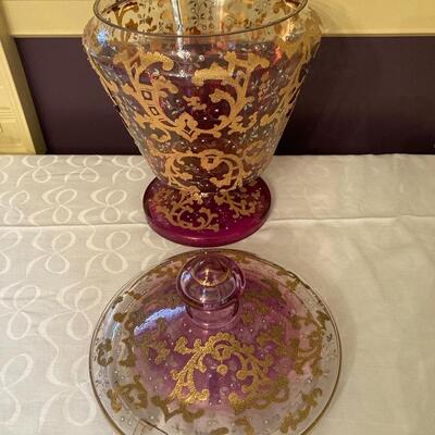 Stunning 3 piece Cranberry Beverage Server with heavy gold overlay