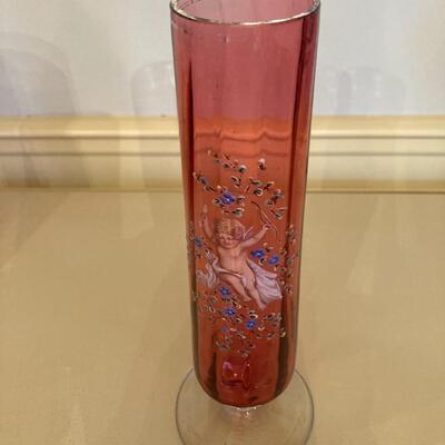 Cranberry vase with hand painted cherub