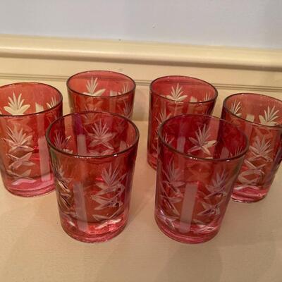 Cranberry etched to clear Shot Glasses