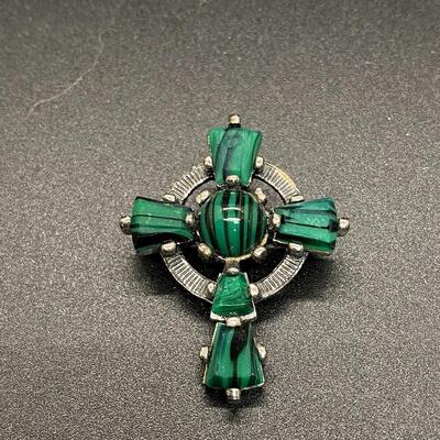 Vintage Black & Green Striped Glass Cross Pendant Brooch Pin