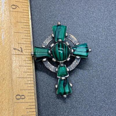 Vintage Black & Green Striped Glass Cross Pendant Brooch Pin