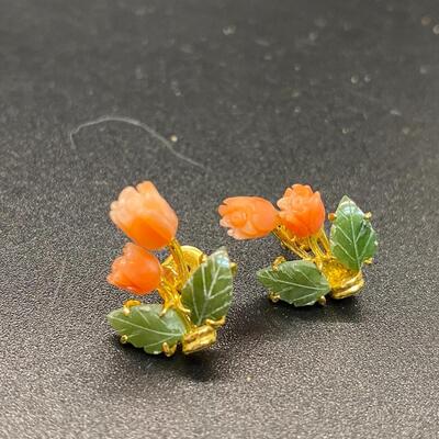 Goldtone Coral & Jade Floral Earrings