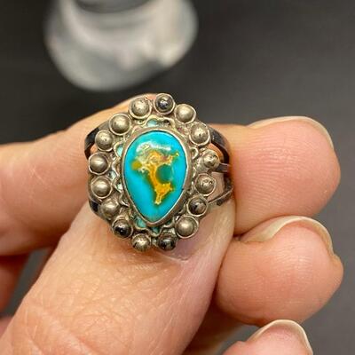 Southwestern Silvertone Old Pawn Turquoise Ring