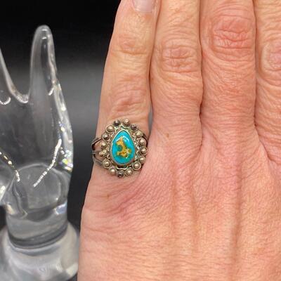 Southwestern Silvertone Old Pawn Turquoise Ring
