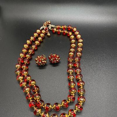 Vintage Beaded Red and Gold Jewelry Set