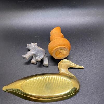 Brass Duck Change Holder Stone Bear Figurine and Wood Bud Vase