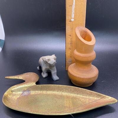Brass Duck Change Holder Stone Bear Figurine and Wood Bud Vase