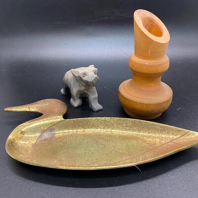 Brass Duck Change Holder Stone Bear Figurine and Wood Bud Vase