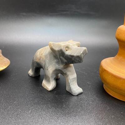 Brass Duck Change Holder Stone Bear Figurine and Wood Bud Vase