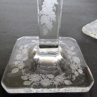 Pair Matching Fancy Etched Glass Tall Candlesticks, Good Quality`