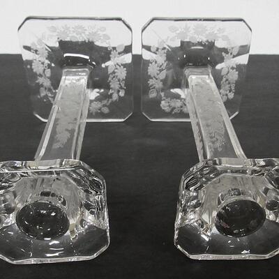 Pair Matching Fancy Etched Glass Tall Candlesticks, Good Quality`