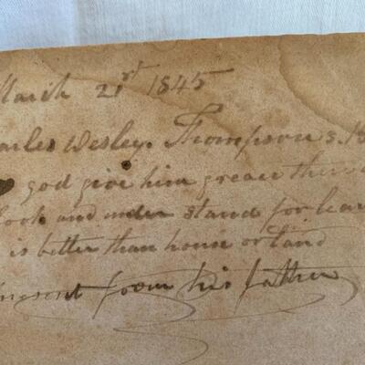 1843 Bible w/ inscription from Charles Wesley to his son.