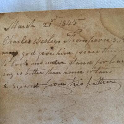 1843 Bible w/ inscription from Charles Wesley to his son.