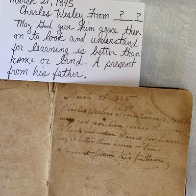 1843 Bible w/ inscription from Charles Wesley to his son.