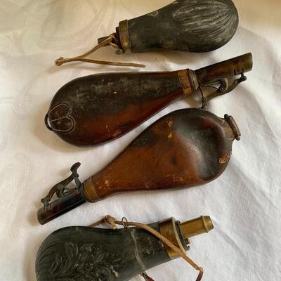 (4) Antique Brass and Leather Musket Loader Pouches/Flasks