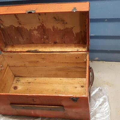 Lot 19-Vintage Wood and Metal Trunk -Nice Piece! Orangish in color