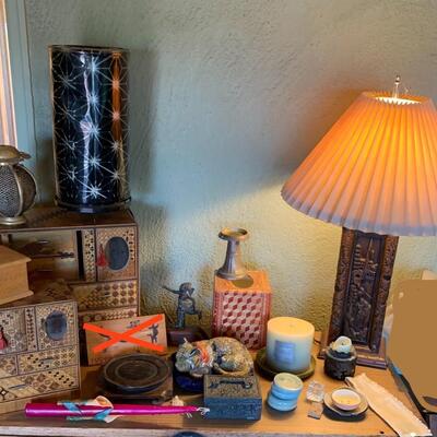 Jewelry boxes, carved lamp and more