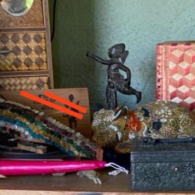 Jewelry boxes, carved lamp and more