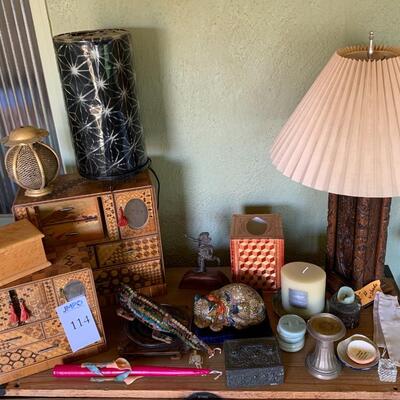 Jewelry boxes, carved lamp and more