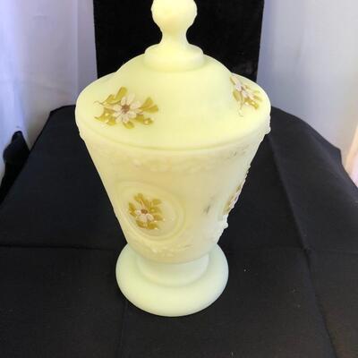 Fenton custard satin glass covered bowl vase 