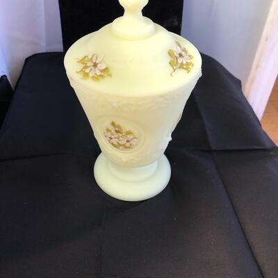 Fenton custard satin glass covered bowl vase 