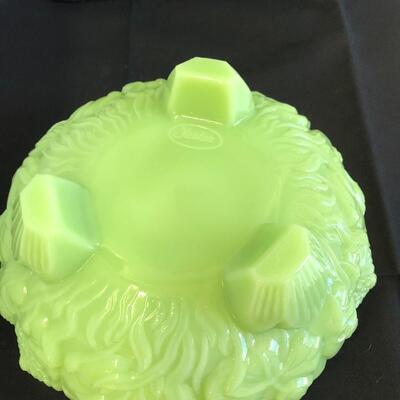 Fenton lime green satin floral footed candy dish