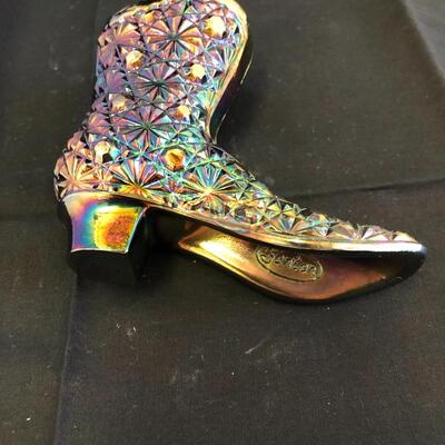 Fenton iridescent carnival glass high top boot 