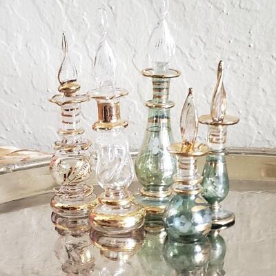 5  Miniature Green, Blue, and Gold Perfume Bottles