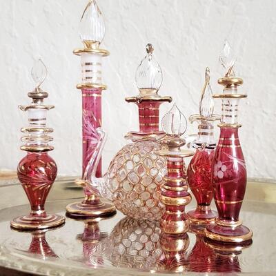 6 Red and Gold Miniature Perfume Bottles 