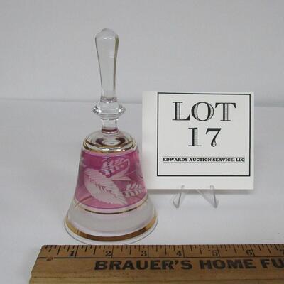 Vintage Cut to Clear Glass Bell, Hungary, Pink With Gold Trim