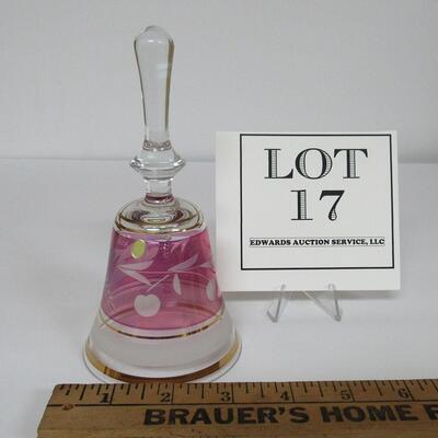 Vintage Cut to Clear Glass Bell, Hungary, Pink With Gold Trim