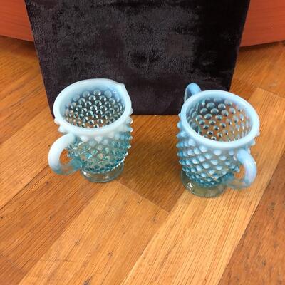 Two Fenton opalescent hobnail cream and sugar mini